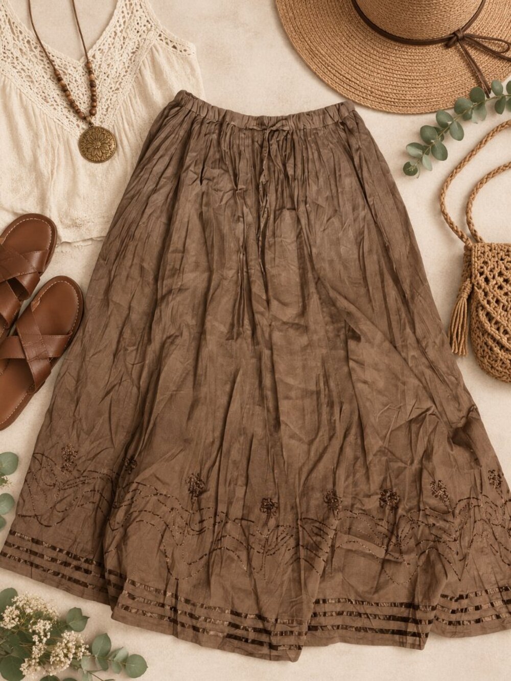 Millenium 100% Cotton Brown Crinkle Embroidered Midi Skirt Size Large Boho